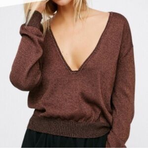 FREE PEOPLE-Gold Dust Pullover Sweater Brown Sparkle Shimmer Deep V-Neck